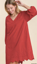 Load image into Gallery viewer, Red 3/4 sleeve dress with embroidery detail.
