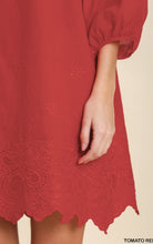 Load image into Gallery viewer, Red 3/4 sleeve dress with embroidery detail.
