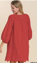 Load image into Gallery viewer, Red 3/4 sleeve dress with embroidery detail.
