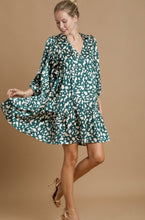 Load image into Gallery viewer, Green and Ivory Satin Dalmatian Leopard Shirt Neck Dress
