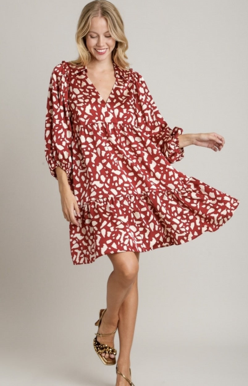 Red and Ivory Satin Dalmatian Leopard Shirt Neck Dress