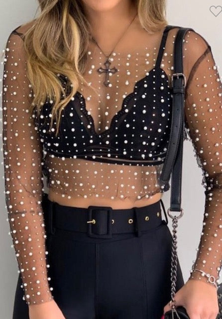 Rhinestone Faux Pearl Mesh Top - Black