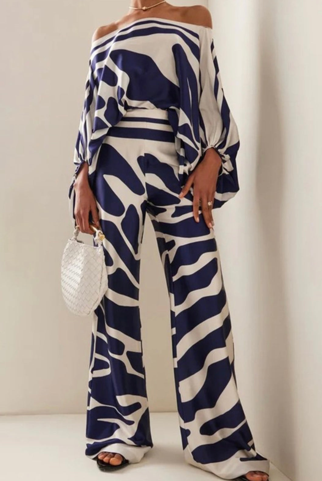 Lantern Sleeve Top with Wide Leg Pant Set