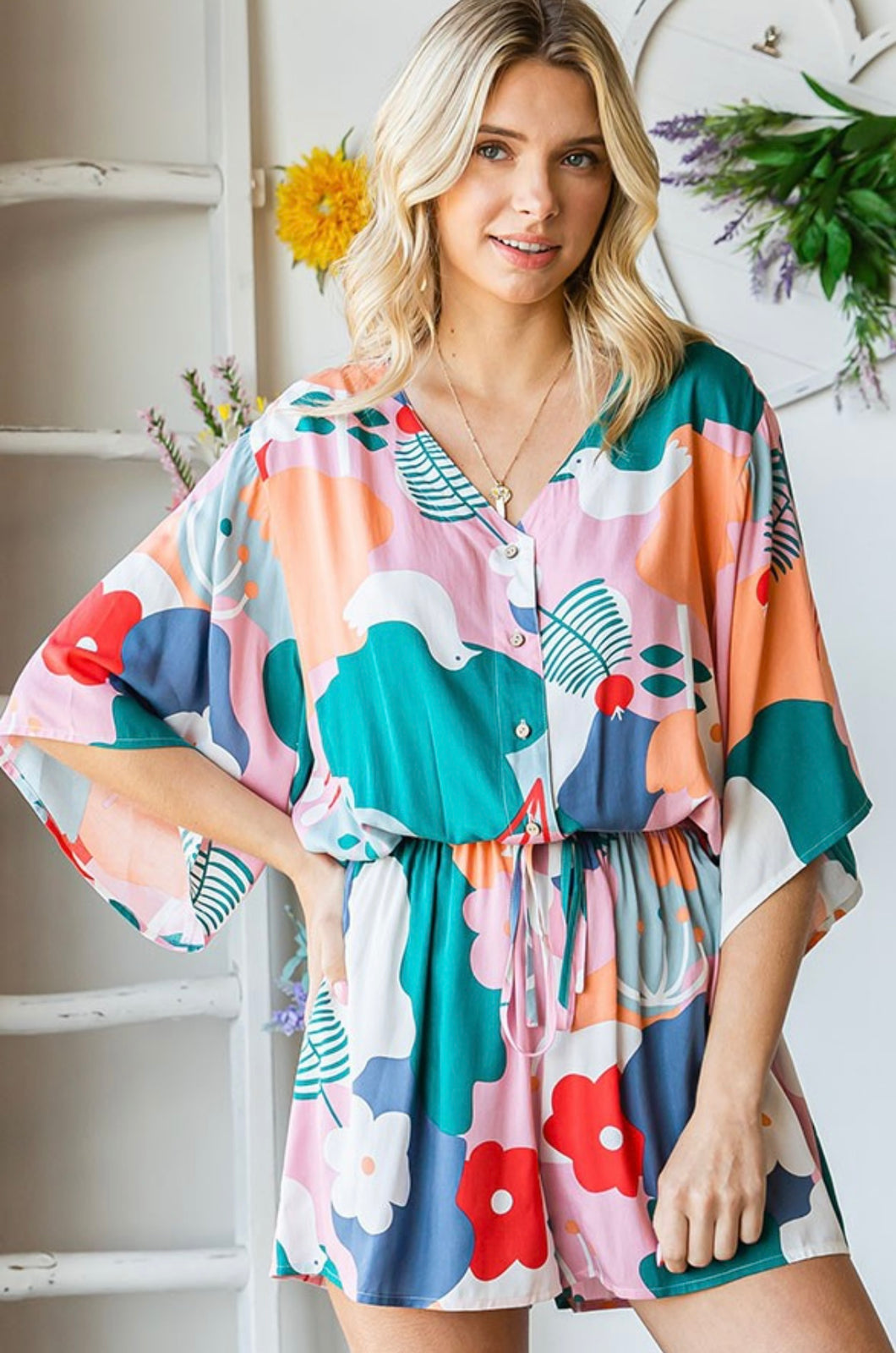 Multicolored Kimono Sleeve Romper