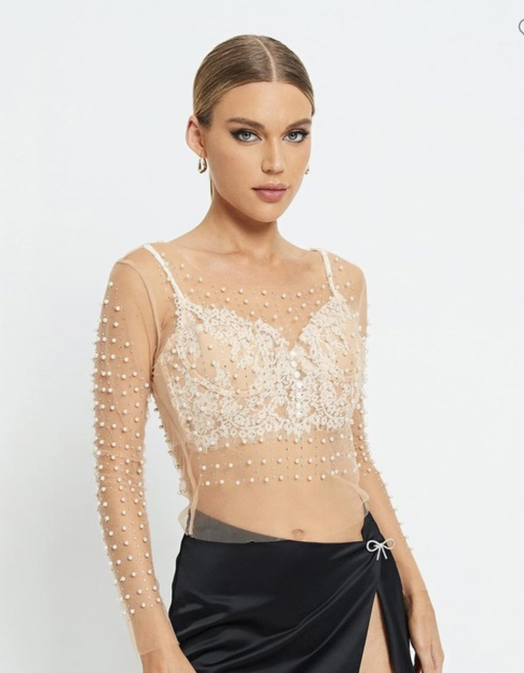 Rhinestone Faux Pearl Mesh Top - Nude