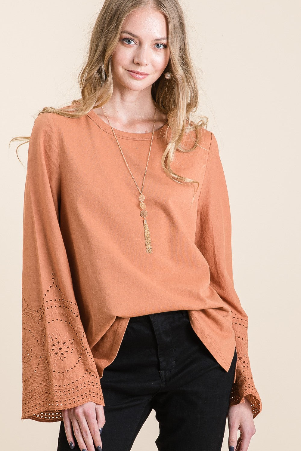 Eyelet Bell-sleeve Top