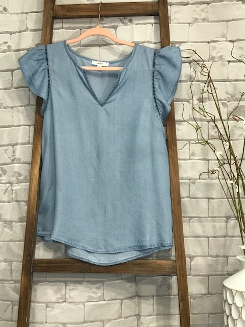 Jean top with ruffle sleeve