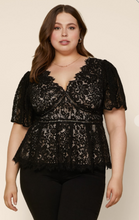 Load image into Gallery viewer, Black and Nude Lace Detail Peplum Style Blouse
