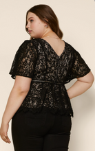 Load image into Gallery viewer, Black and Nude Lace Detail Peplum Style Blouse
