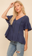 Load image into Gallery viewer, Navy Blue Trim Ruffle Peplum Blouse
