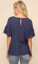 Load image into Gallery viewer, Navy Blue Trim Ruffle Peplum Blouse
