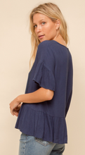 Load image into Gallery viewer, Navy Blue Trim Ruffle Peplum Blouse
