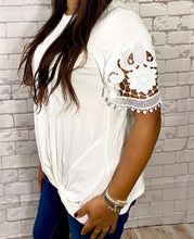 Load image into Gallery viewer, White or Black t-shirt with lace sleeve detail with front knot.
