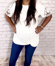 Load image into Gallery viewer, White or Black t-shirt with lace sleeve detail with front knot.
