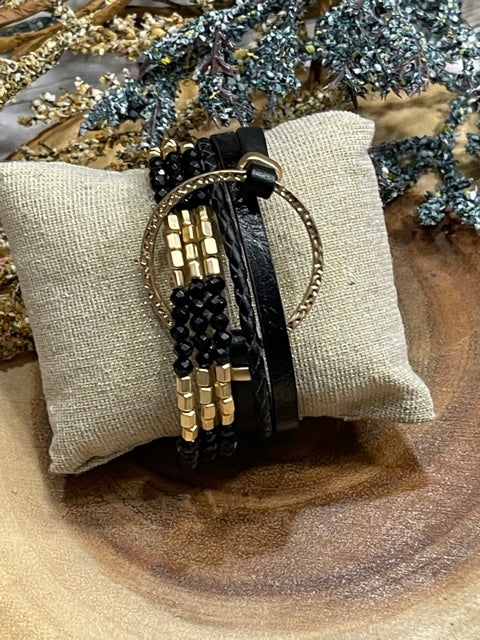 Black and Gold Leather and Stone Bracelet