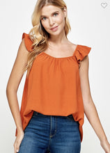 Load image into Gallery viewer, Rust Top with ruffled sleeves
