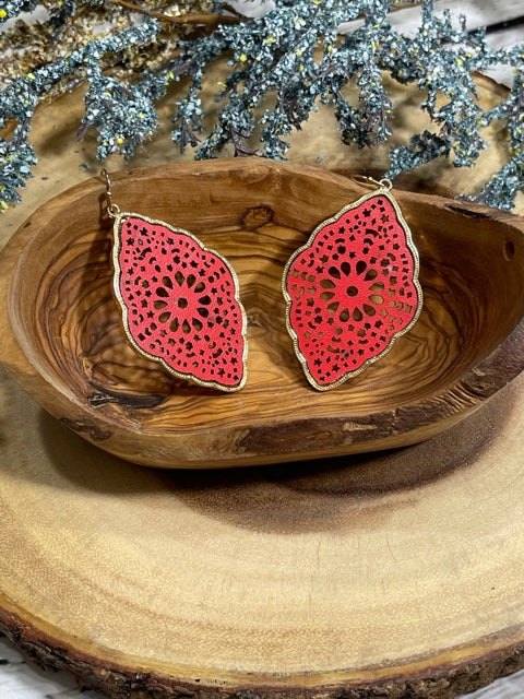 Red Leather with Gold Trim Details Earrings